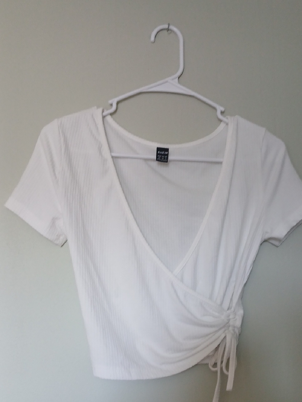 SHEIN White Ribbed Wrap Crop Top with Side Tie Size XS